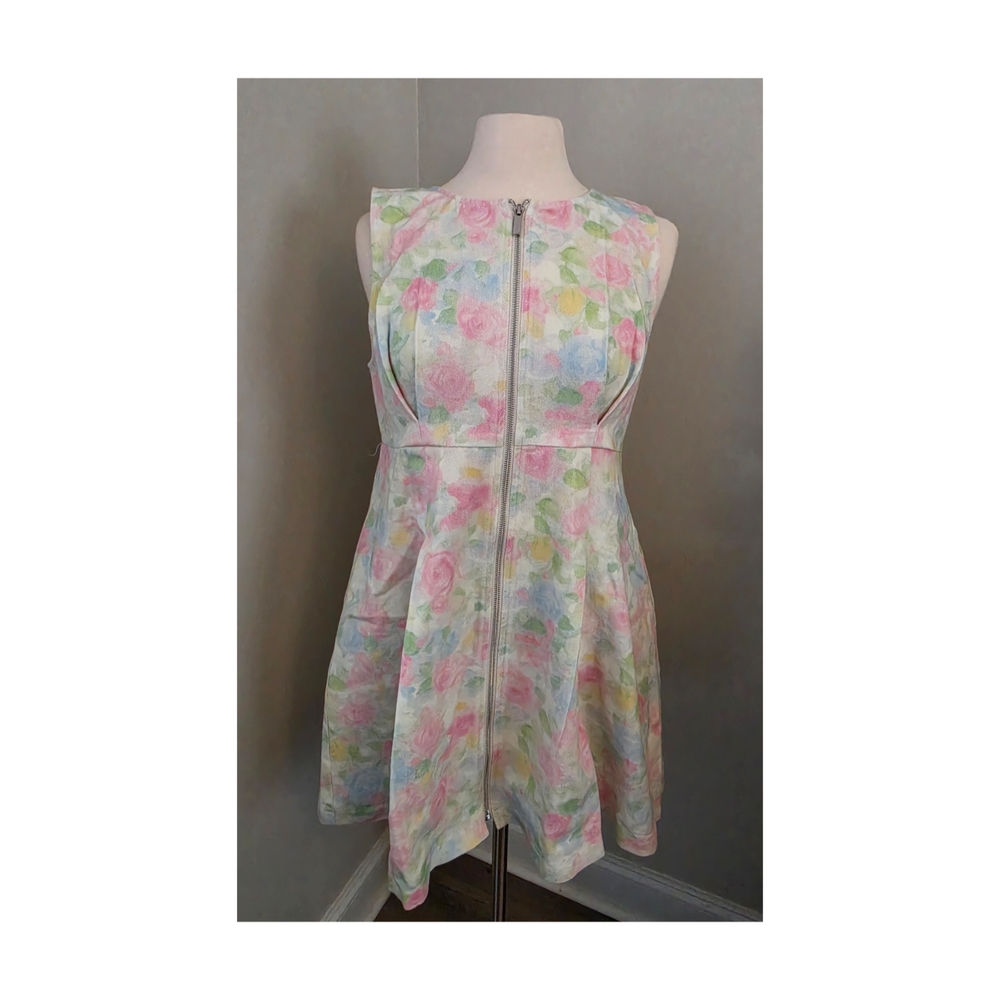 Entro Pastel Floral Denim Dress • Zip Front • Sleeveless Fit & Flare • Size L